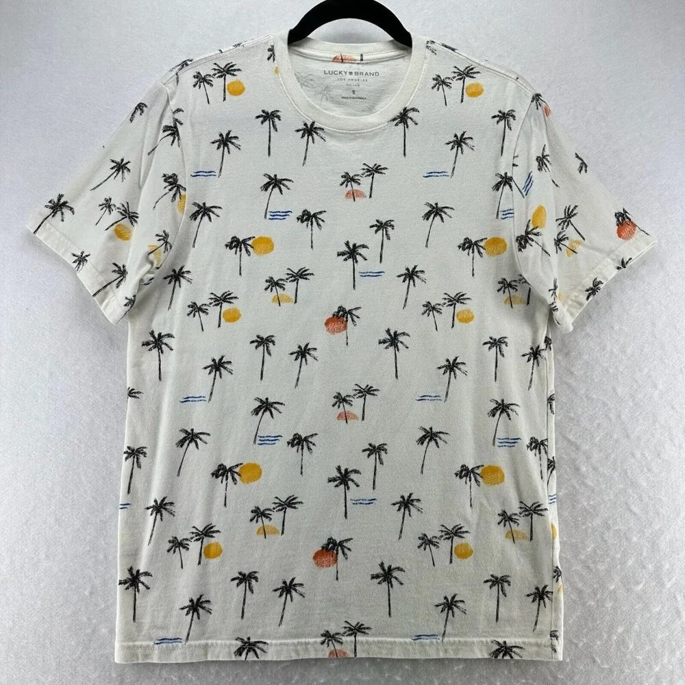 Lucky Brand Shirt Mens Size S Palm Tree Long Crewneck Short Sleeve Cotton Ivory